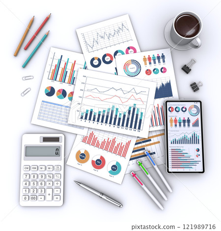 Table top image of business documents and business items, data analysis Table top image of business documents and business items, data analysis 121989716