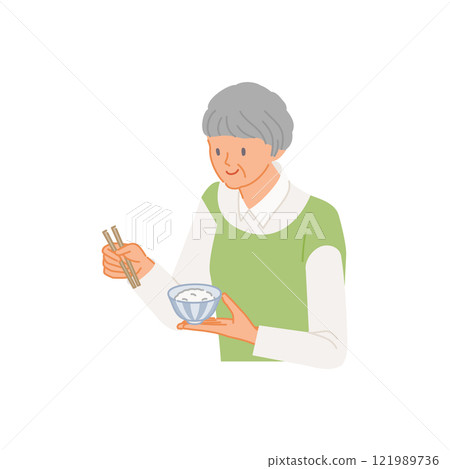 微笑的高級婦女吃東西（米飯和筷子） 121989736
