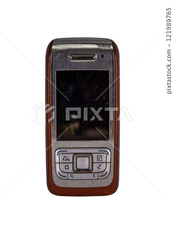 Retro mobile phone with a classic button design on a transparent background. The high resolution and transparent background make it perfect for use in advertising, illustrations, and design projects 121989765