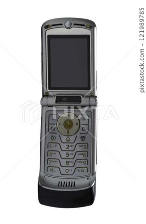 Retro mobile phone with a classic button design on a transparent background. The high resolution and transparent background make it perfect for use in advertising, illustrations, and design projects 121989785