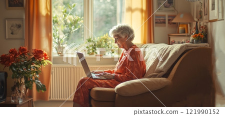 An elderly woman sits comfortably on a sofa using a laptop. Sunlight streams into the room, creating a cozy atmosphere. This image captures a moment of modern technology in daily life. AI An elderly woman sits comfortably on a sofa using a laptop. Sunlight streams into the room, creating a cozy atmosphere. This image captures a moment of modern technology in daily life. AI 121990152