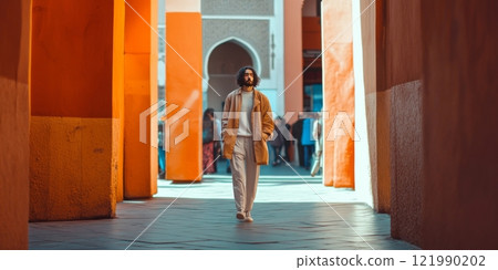 A person walks through colorful architectural columns under bright orange shades. The scene captures urban exploration and vibrant street style. Perfect for fashion and travel concepts. AI 121990202