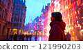 A woman stands in awe as vibrant lights illuminate the city street. The atmosphere is magical and reflective, showcasing urban beauty. This image captures the essence of nightlife. AI 121990203