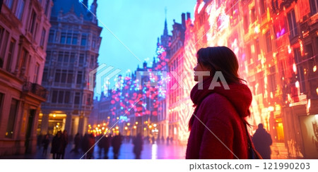 A woman stands in awe as vibrant lights illuminate the city street. The atmosphere is magical and reflective, showcasing urban beauty. This image captures the essence of nightlife. AI 121990203