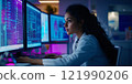 A focused female scientist works on computer screens filled with code and data. The room glows with colorful lights, enhancing the modern research environment. A blend of technology and innovation. AI 121990206