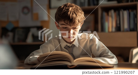 A young boy reading intently in a sunlit room. The atmosphere is calm and focused, with bookshelves in the background. This image captures the joy of learning and curiosity about knowledge. AI 121990207