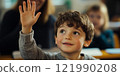 A young student eagerly raises his hand in a classroom setting. His bright smile shows enthusiasm for learning. This image captures the joy of education in a vibrant and engaging style. AI 121990208