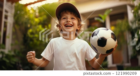 A cheerful young boy wearing a cap joyfully holds a soccer ball in his hands. The bright background features lush greenery, perfect for an outdoor sports theme. A simple and natural style embodies 121990209
