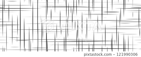 Black cross hatch seamless texture. Repeated straight scratch line pattern surface. Rough sackcloth fabric background. Crosshatch linen canvas burlap overlay wallpaper. Vector textile backdrop 121990306