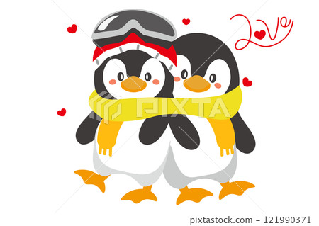 一隻可愛的企鵝的插圖，上面寫著「愛」這個詞 121990371
