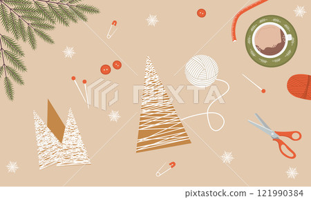 Craft Christmas Tree from cardboard and jute rope. Top view on workplace. Process of handmade toys. DIY holiday decorations. Vector illustration in flat cartoon style Craft Christmas Tree from cardboard and jute rope. Top view on workplace. Process of handmade toys. DIY holiday decorations. Vector illustration in flat cartoon style 121990384