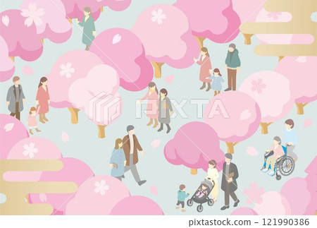 等距人家庭孩子家庭孩子春天櫻花賞櫻花插畫素材 121990386