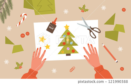 Paper Christmas tree. Girl create Holiday craft card. Top view on workplace. DIY New year handmade decorations. Vector illustration in flat cartoon style 121990388