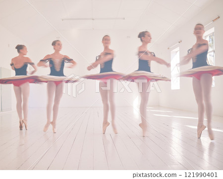 Ballet dancers, fitness and women training, learning and dancing at an open studio hall space. Healthy, workout and talented ballerina girls with energy, jumping and balance to master a creative art 121990401