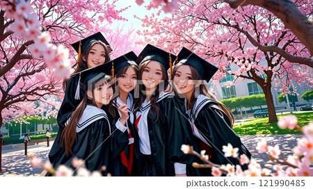 Graduation day for high school girls smiling and shining with their friends under the cherry blossoms 121990485