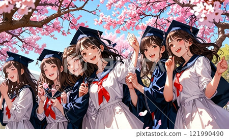 Graduation day for high school girls smiling and shining with their friends under the cherry blossoms Graduation day for high school girls smiling and shining with their friends under the cherry blossoms 121990490