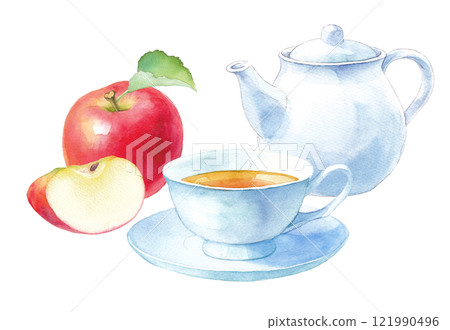 Image of apple tea. Watercolor illustration of apples and white tea set. Image of apple tea. Watercolor illustration of apples and white tea set. 121990496