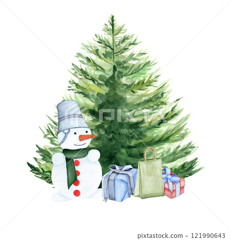 New Year illustration of a Christmas tree, gifts and a snowman. The picture is made with watercolors. For postcards, calendars, your design New Year illustration of a Christmas tree, gifts and a snowman. The picture is made with watercolors. For postcards, calendars, your design 121990643
