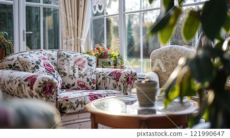 Colorful pillows on sofa against glass wall of window in a winter garden or conservatory. Interior textile concept. High quality photo 121990647