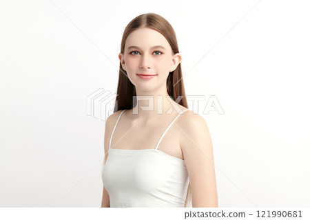 Beautiful young woman with clean fresh skin on white background, Face care, Facial treatment, Cosmetology, beauty and spa, women portrait. 121990681