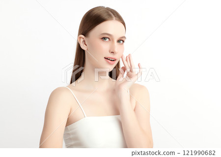 Beautiful young woman with clean fresh skin on white background, Face care, Facial treatment, Cosmetology, beauty and spa, women portrait. Beautiful young woman with clean fresh skin on white background, Face care, Facial treatment, Cosmetology, beauty and spa, women portrait. 121990682