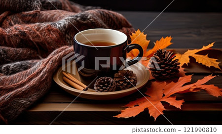 Autumn tea setting. Generative AI 121990810