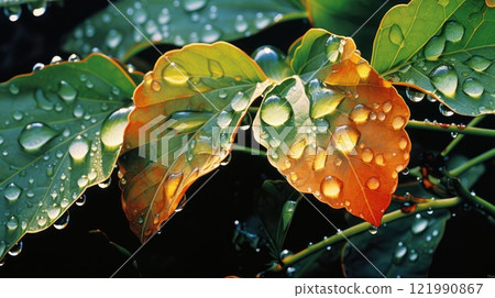 Dew on leaves. Generative AI Dew on leaves. Generative AI 121990867