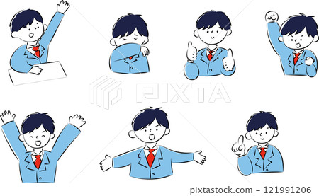 Illustration set of various poses of male students wearing blazers 121991206