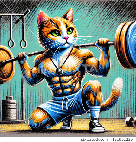Barbell Muscle Training Cat - Cat's Passionate Athlete Series 002 - Generative AI 121991229