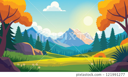 Mountain Nature View Landscape with Pine Trees in Forest and Sunlight in the Morning 121991277