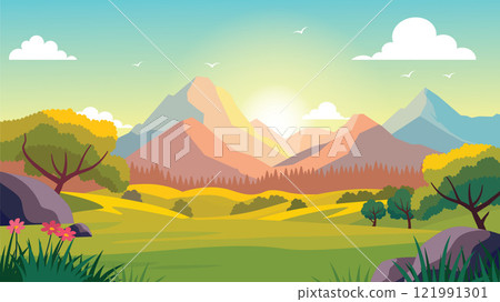 Mountain Adventure Nature Scenery Landscape with Trees in Forest and Sunlight in the Morning 121991301