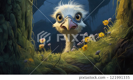 Baby ostrich head and neck. Generative AI 121991335