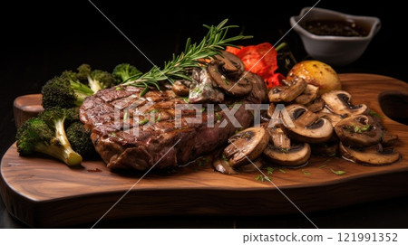 Beef with fried mushrooms. Generative AI Beef with fried mushrooms. Generative AI 121991352
