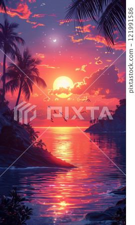 Sunset over tropical beach with palm trees, ocean reflection, birds flying Sunset over tropical beach with palm trees, ocean reflection, birds flying 121991586