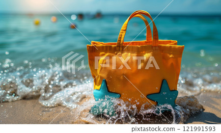 Bright yellow beach bag with starfish design on sandy shore. Summer Sale Background Template 121991593