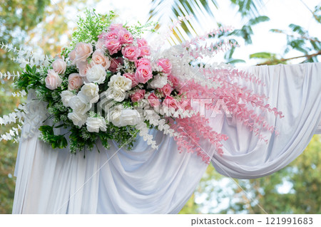 Beautiful pink and white flowers background for wedding ceremony decoration, Beautiful pink and white flowers background for wedding ceremony decoration, 121991683