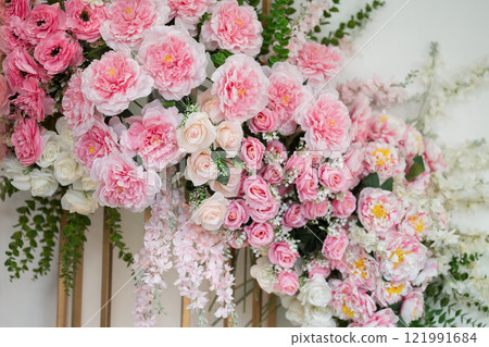 Beautiful pink and white flowers background for wedding ceremony decoration,  121991684