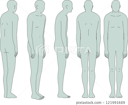 A hunched man. Front, back, oblique, front and back oblique, full body illustrations 121991689