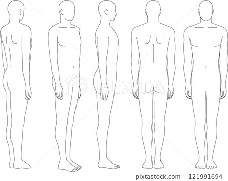Illustration of the male body. Schematic diagrams of a man in front, back and oblique views. 121991694
