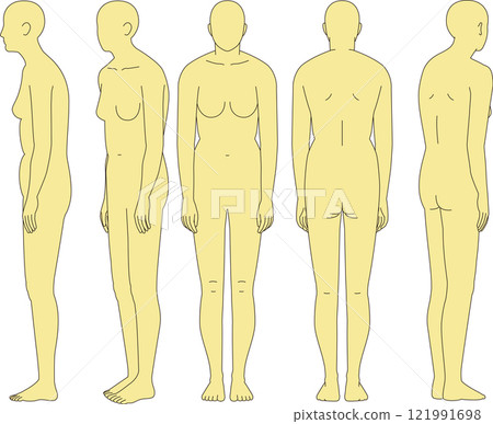 A woman with a hunched back. Front, back, diagonal front, diagonal back, full body illustrations 121991698