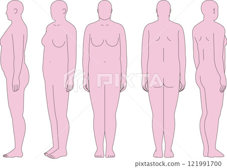 肥胖的女人。正面、背面、對角線、正面對角線、背面對角線、全身插圖 121991700