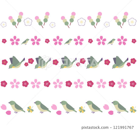 夜鶯、梅花、櫻花的線條裝飾春天背景素材 121991767