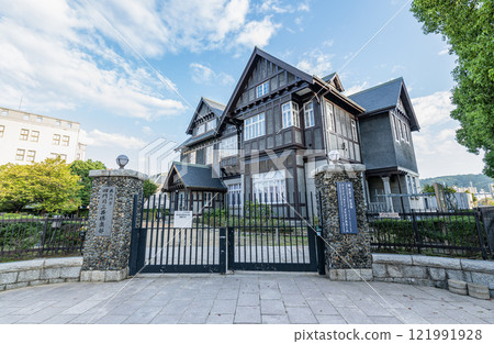 Former Moji Mitsui Club in Mojiko Retro, a popular tourist destination in Moji Ward, Kitakyushu City, Fukuoka Prefecture 121991928