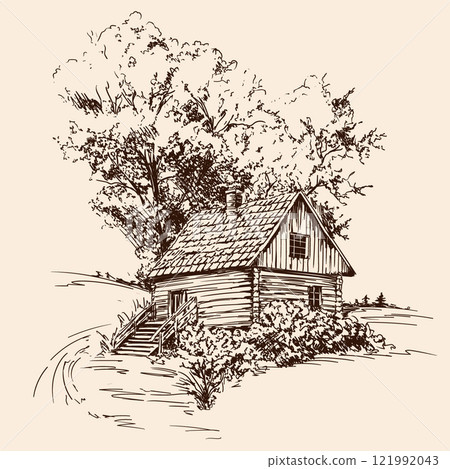 A village house on a beige background 121992043