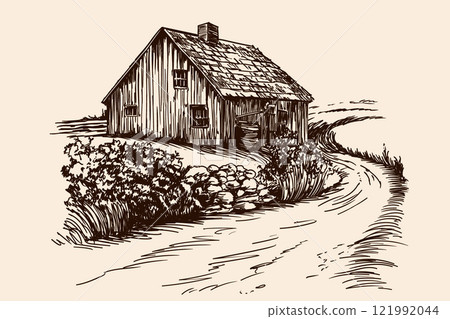 A village house on a beige background A village house on a beige background 121992044