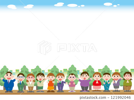 Background material <Frame of businessmen, fun, happy, male, female, horizontal position> Background material <Frame of businessmen, fun, happy, male, female, horizontal position> 121992046