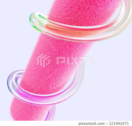 3d fluffy pink stick with glass liquid transparent spiral line render macro background. Abstract geometric shape, furry tube with fur texture and iridescent holographic gradient swirl. 3D illustration 3d fluffy pink stick with glass liquid transparent spiral line render macro background. Abstract geometric shape, furry tube with fur texture and iridescent holographic gradient swirl. 3D illustration 121992071