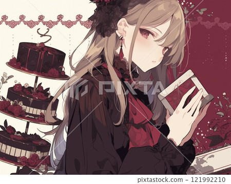 Illustration of a woman giving handmade chocolates on Valentine's Day 121992210