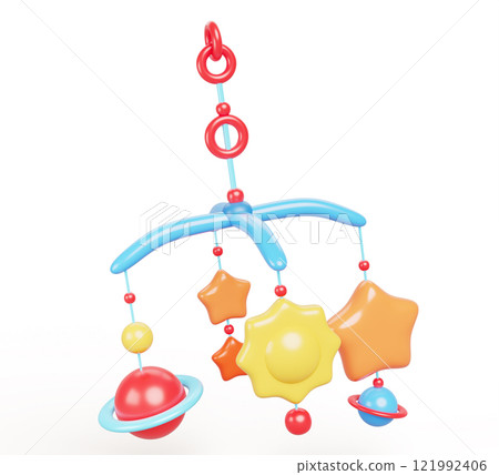 3d baby mobile for crib render icon. Cartoon cute hanging toy, sky galaxy with sun, star and space planet for newborn. Color plastic decoration for infant bed, isolated design element. 3D illustration 121992406