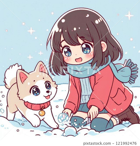 Girl playing in the snow with dog 121992476